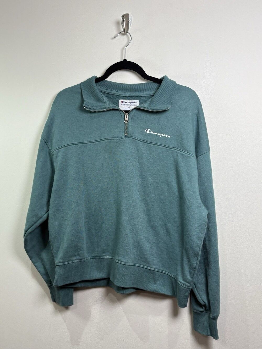 Champion Quarter Zip Pullover Sweatshirt Teal Green Size L Athletic Casual